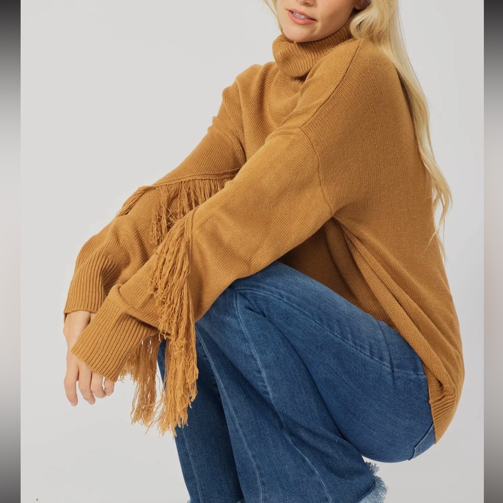 ShopEvelynne Mustard Fringe Turtleneck Sweater